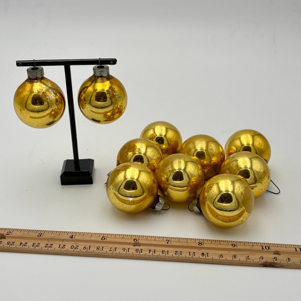 Set of 10 Vintage 2 Inch Gold Glass Ball Christmas Ornaments Mid Century Retro